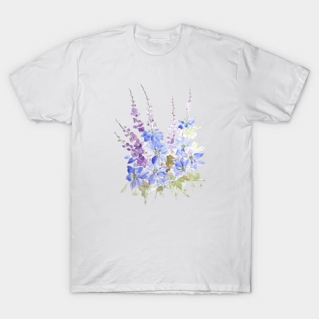 blue nigella flower arrangement ink and watercolor T-Shirt by colorandcolor